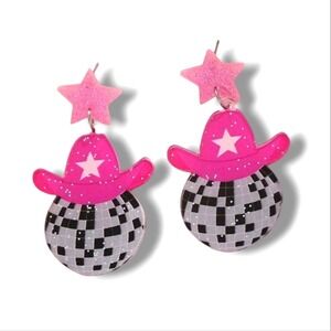 Boutique Discoball Western Cowgirl Pink Dangle Acrylic Party Earrings